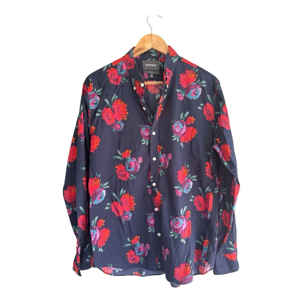 Bonobos Mens Slim Fit Large Navy Floral Print Button Down Long Sleeve Shirt